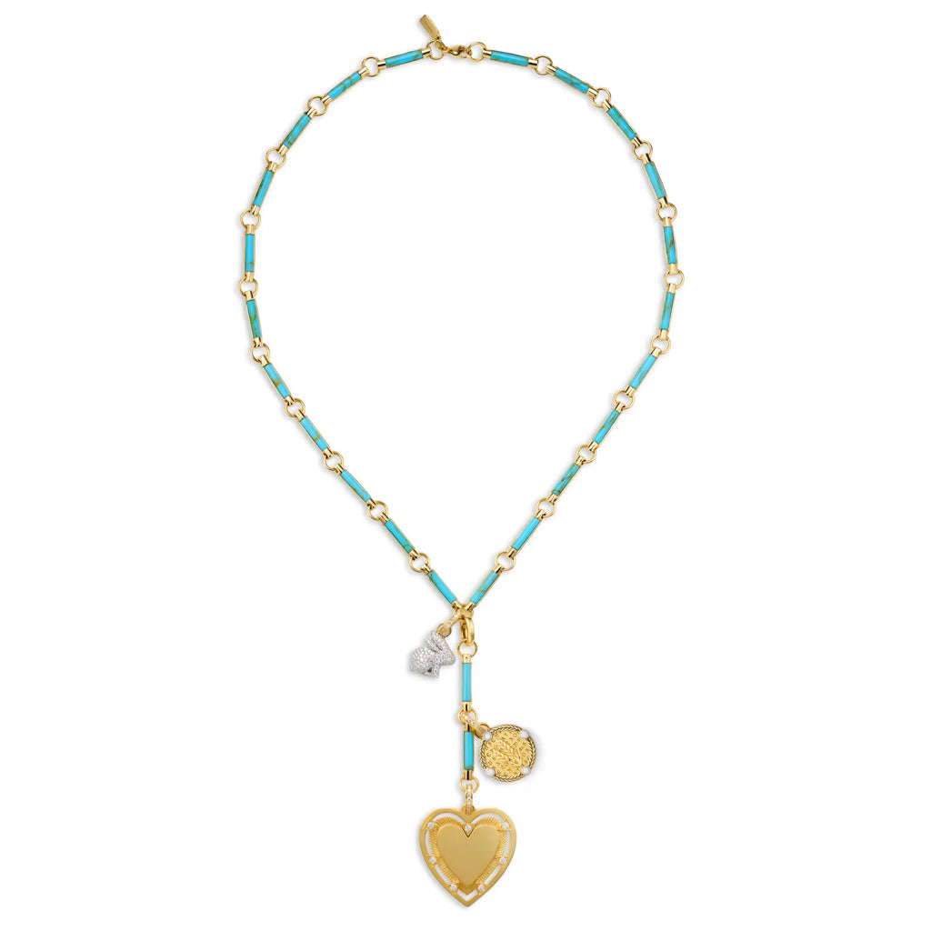 18K Mixed Gold Personalized - True Love | Engravable Heart and Pavé Bunny Element Extension Necklace | Diamonds, Turquoise, Mixed Gold – FoundRae view 4