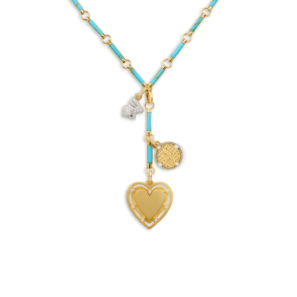 Personalized - True Love | Engravable Heart and Pavé Bunny Element Extension Necklace | Diamonds, Turquoise, Mixed Gold view 1