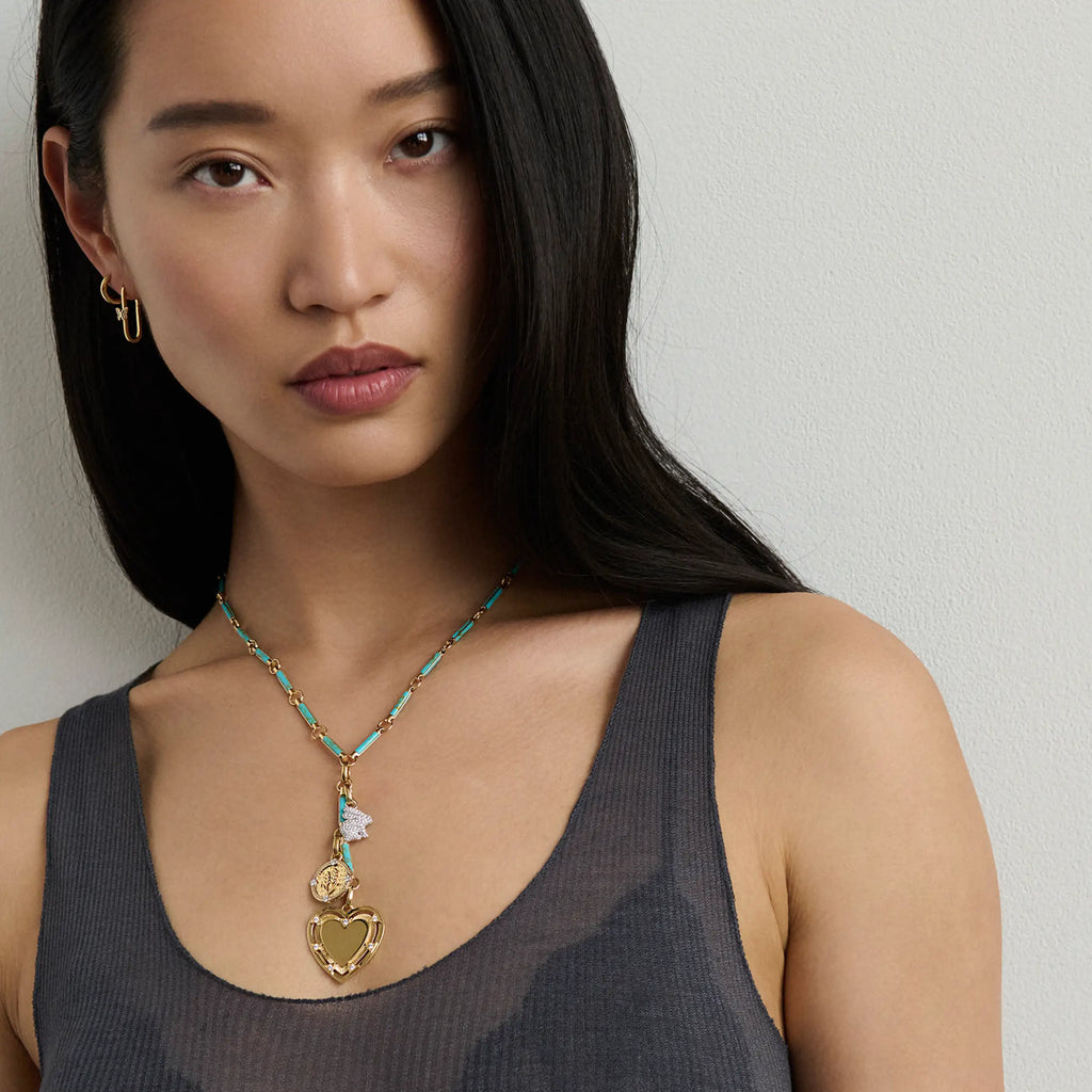 18K Mixed Gold Personalized - True Love | Engravable Heart and Pavé Bunny Element Extension Necklace | Diamonds, Turquoise, Mixed Gold – FoundRae view 3