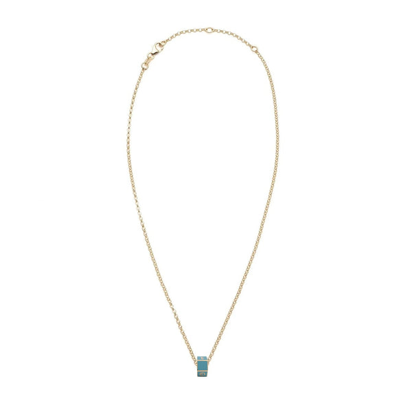 Personalized - True Love | Custom Medium Ceramic Faceted Heart Beat Belcher Necklace | Aqua Ceramic, Yellow Gold
