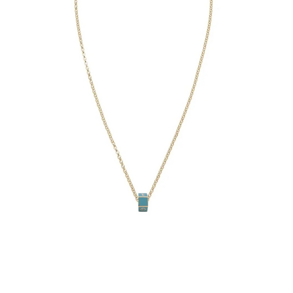 Personalized - True Love | Custom Medium Ceramic Faceted Heart Beat Belcher Necklace | Aqua Ceramic, Yellow Gold
