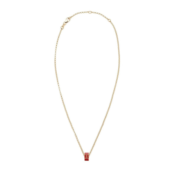 Personalized - True Love | Custom Medium Ceramic Faceted Heart Beat Belcher Necklace | Red Ceramic, Yellow Gold