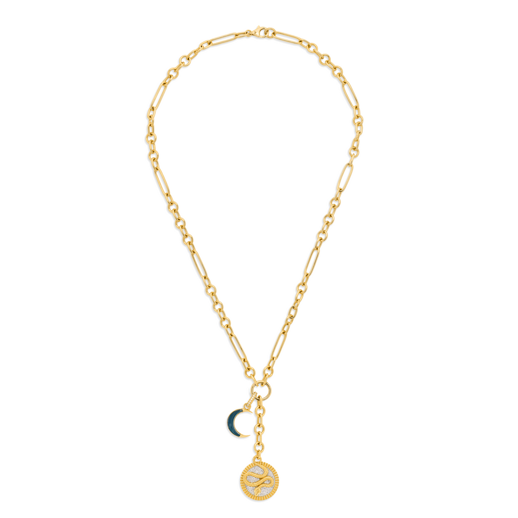 18K Yellow Gold Wholeness - Infinite Gratitude | Pavé Snake and Crescent Small Mixed Clip Extension Necklace | Diamonds, London Blue Topaz, Mixed Gold – FoundRae view 3