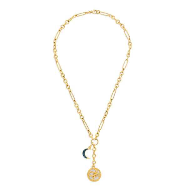 Wholeness - Infinite Gratitude | Pavé Snake and Crescent Small Mixed Clip Extension Necklace | Diamonds, London Blue Topaz, 18K Mixed Gold