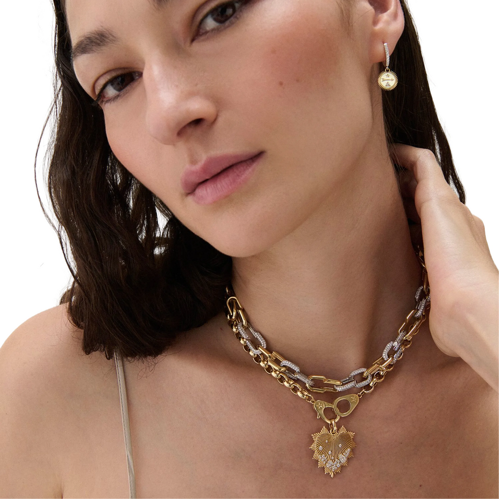 True Love | Encrusted Diamond Heart Love Token Oversized Belcher Necklace with Sister Hooks | Diamonds, Yellow Gold view 2