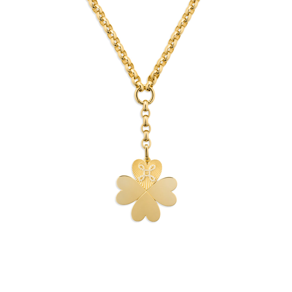 Personalized - True Love | Engravable Four Heart Clover Oversized Belcher Extension Necklace | Diamonds, Yellow Gold view 1