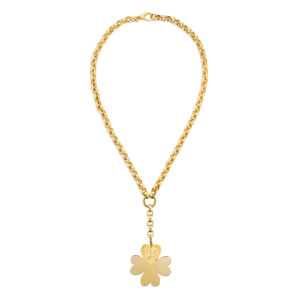 18K Yellow Gold Personalized - True Love | Engravable Four Heart Clover Oversized Belcher Extension Necklace | Diamonds, Yellow Gold – FoundRae view 3