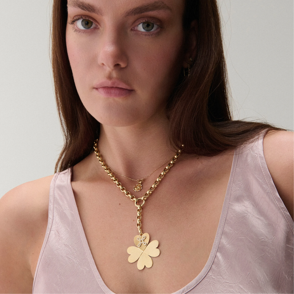 Personalized - True Love | Engravable Four Heart Clover Oversized Belcher Extension Necklace | Diamonds, Yellow Gold view 2