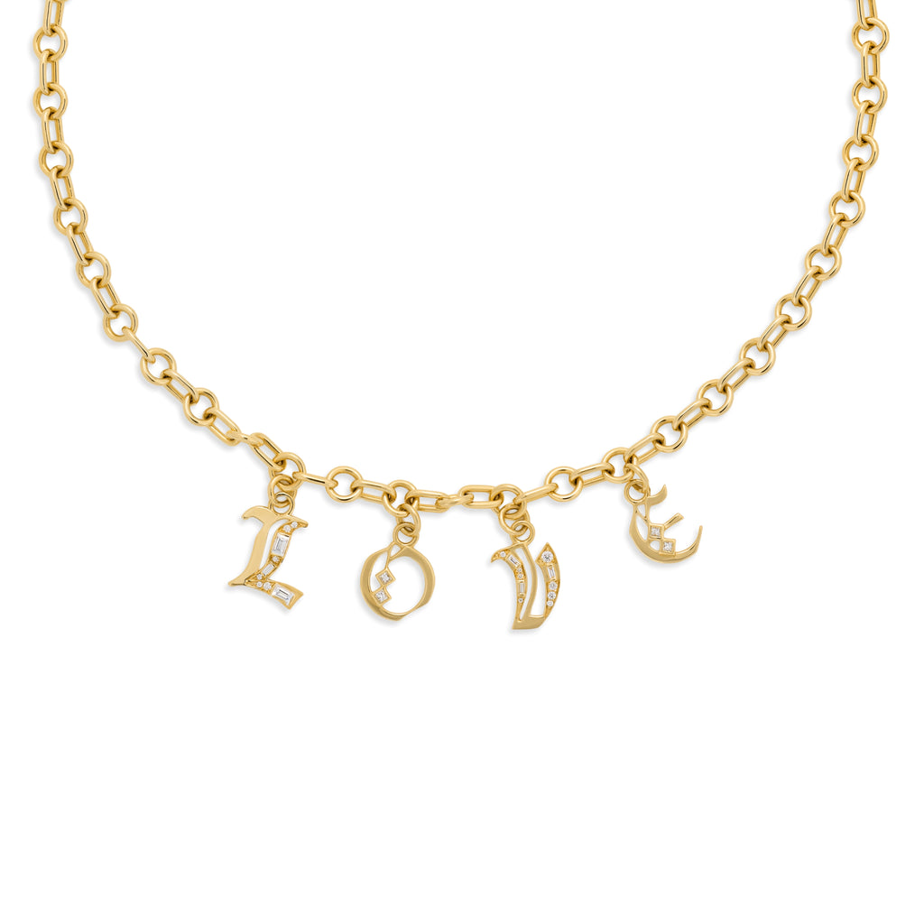 True Love - Foundation | Diamond Initial 'LOVE' Small Mixed Link Necklace | Diamonds, Yellow Gold view 1