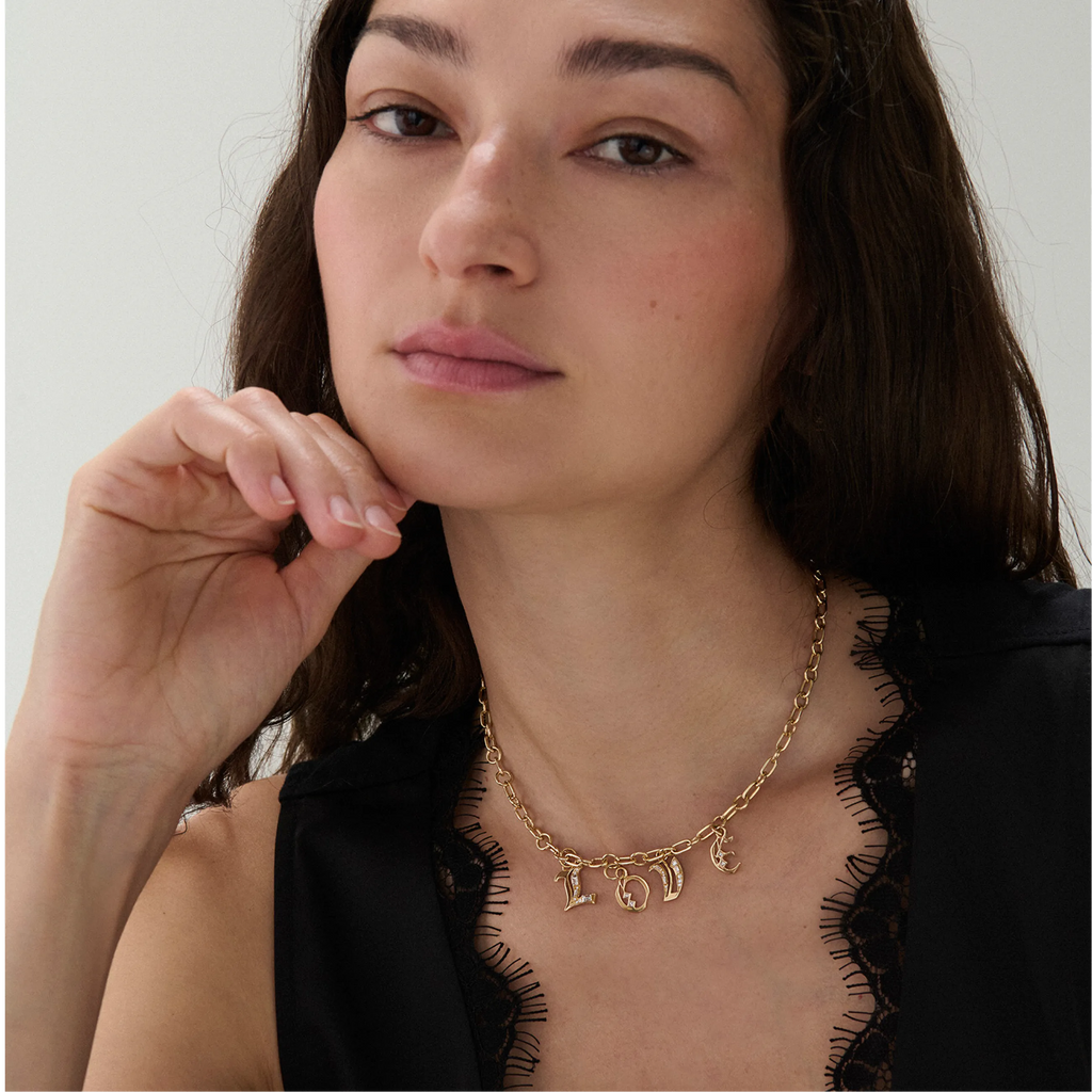 True Love - Foundation | Diamond Initial 'LOVE' Small Mixed Link Necklace | Diamonds, Yellow Gold view 2