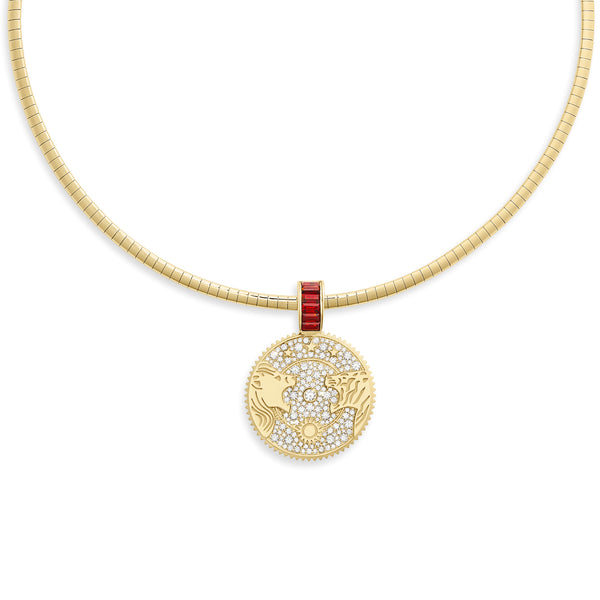 Strength | Solar & Lunar Small Sleek Collar Necklace| Diamonds, Garnet, Yellow Gold