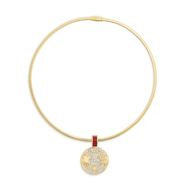 Strength | Solar & Lunar Small Sleek Collar Necklace| Diamonds, Garnet, Yellow Gold