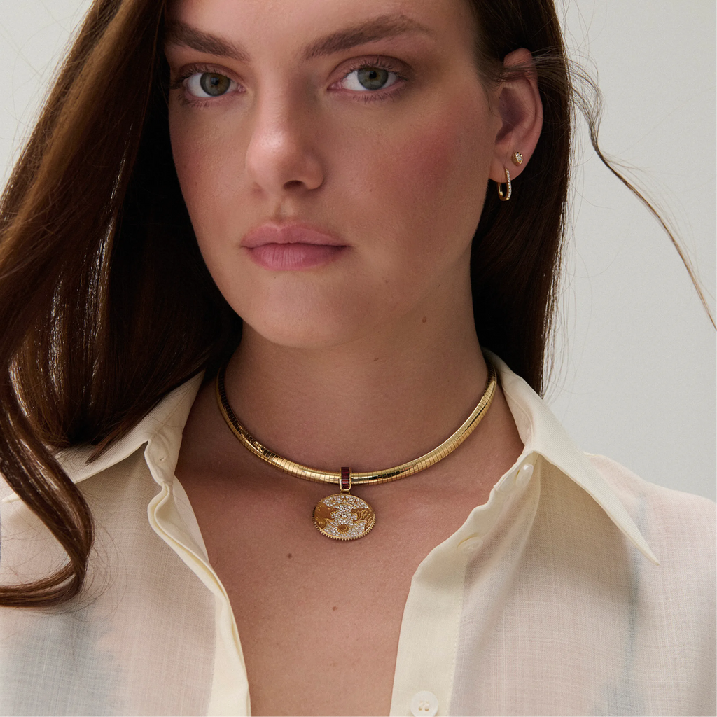 18K Yellow Gold Strength | Solar & Lunar Small Sleek Collar Necklace| Diamonds, Garnet, Yellow Gold – FoundRae view 2