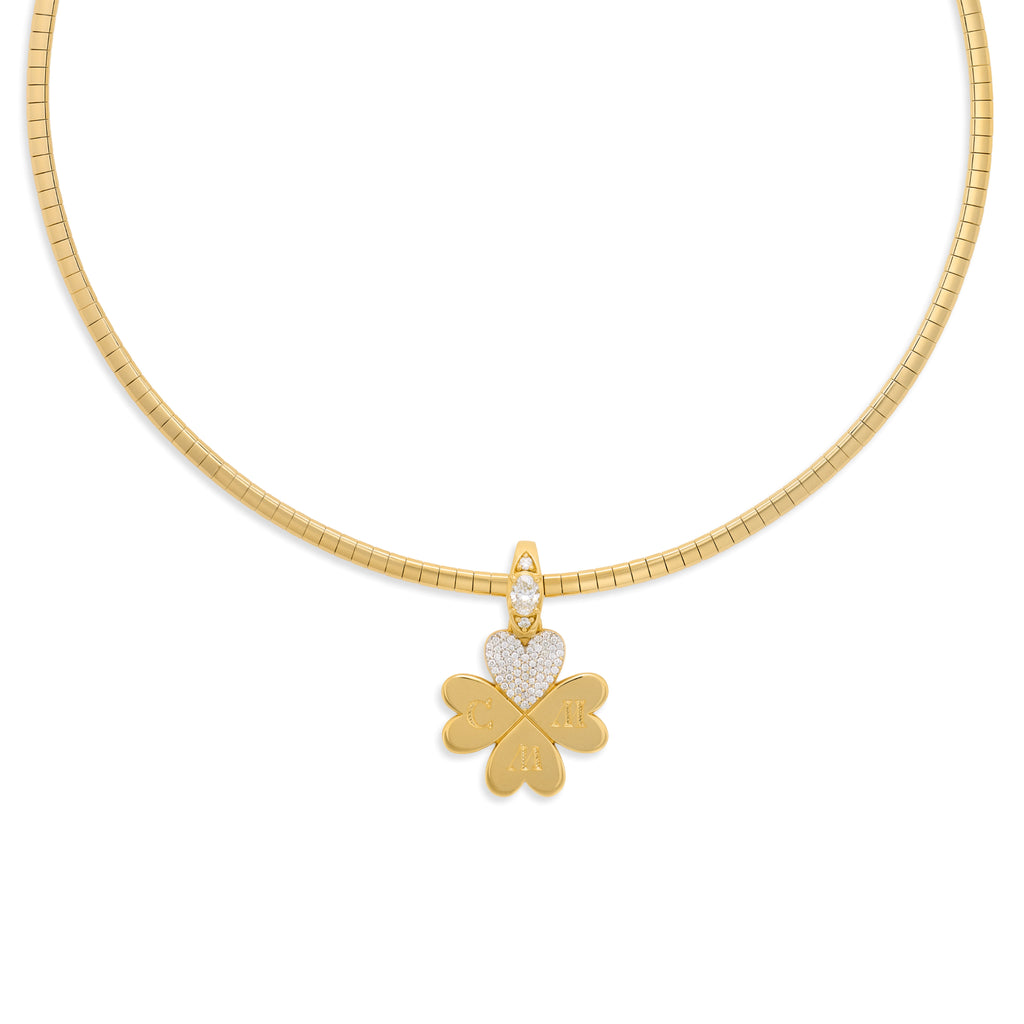 18K Yellow Gold Personalized - True Love | Engravable Pavé Four Heart Clover Small Sleek Collar Necklace| Diamonds, Yellow Gold – FoundRae view 1