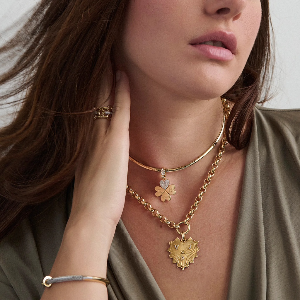 18K Yellow Gold Personalized - True Love | Engravable Pavé Four Heart Clover Small Sleek Collar Necklace| Diamonds, Yellow Gold – FoundRae view 2