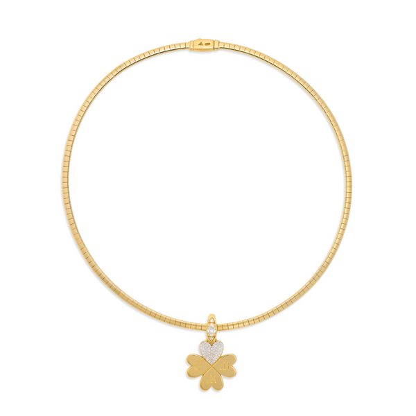 Personalized - True Love | Engravable Pavé Four Heart Clover Small Sleek Collar Necklace| Diamonds, Yellow Gold