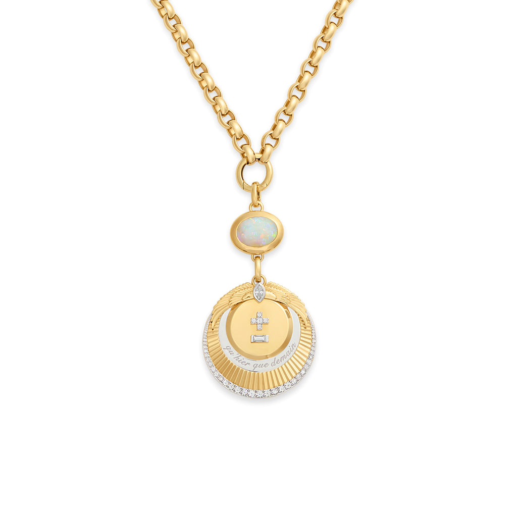 One of a Kind - Vivacity | Ever Growing Love and Oval Cut Australian Opal Gemstone Oversized Belcher Extension Necklace  | Opal, Diamonds, Yellow Gold view 1