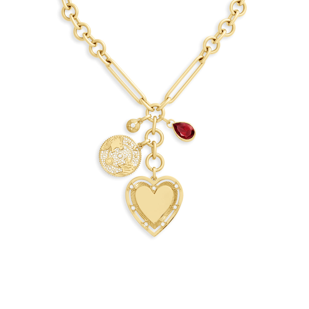 Personalized - True Love | Engravable Heart and Pavé Solar & Lunar Oversized Mixed Clip Necklace | Diamonds, Garnet, Yellow Gold view 1