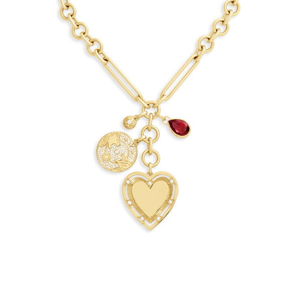 Personalized - True Love | Engravable Heart and Pavé Solar & Lunar Oversized Mixed Clip Necklace | Diamonds, Garnet, 18K Yellow Gold