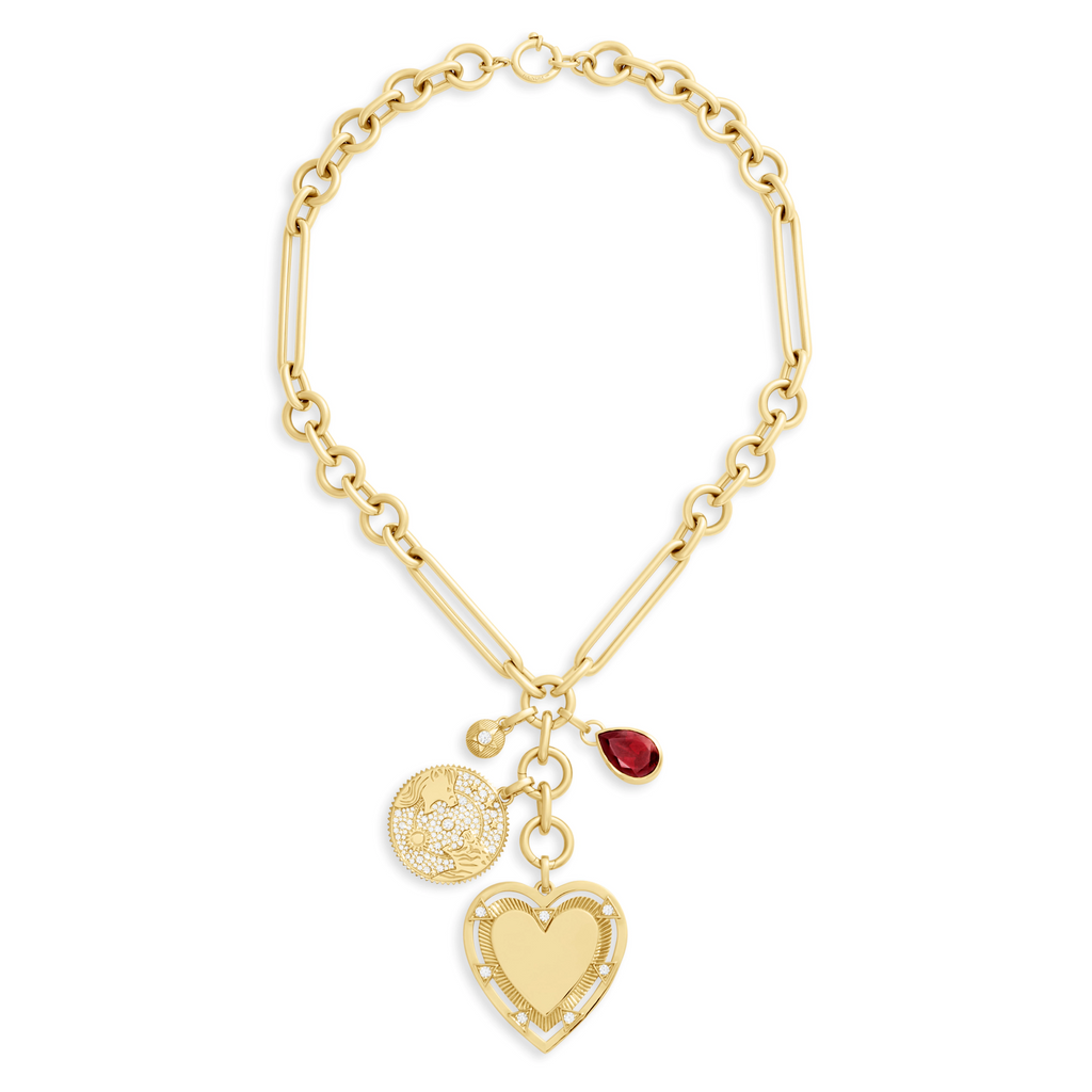 18K Yellow Gold Personalized - True Love | Engravable Heart and Pavé Solar & Lunar Oversized Mixed Clip Necklace | Diamonds, Garnet, Yellow Gold – FoundRae view 3