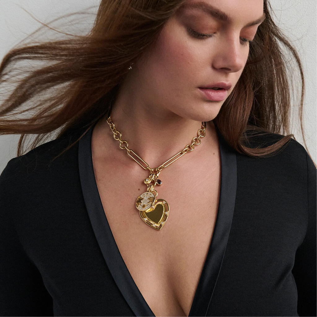 Personalized - True Love | Engravable Heart and Pavé Solar & Lunar Oversized Mixed Clip Necklace | Diamonds, Garnet, Yellow Gold view 2