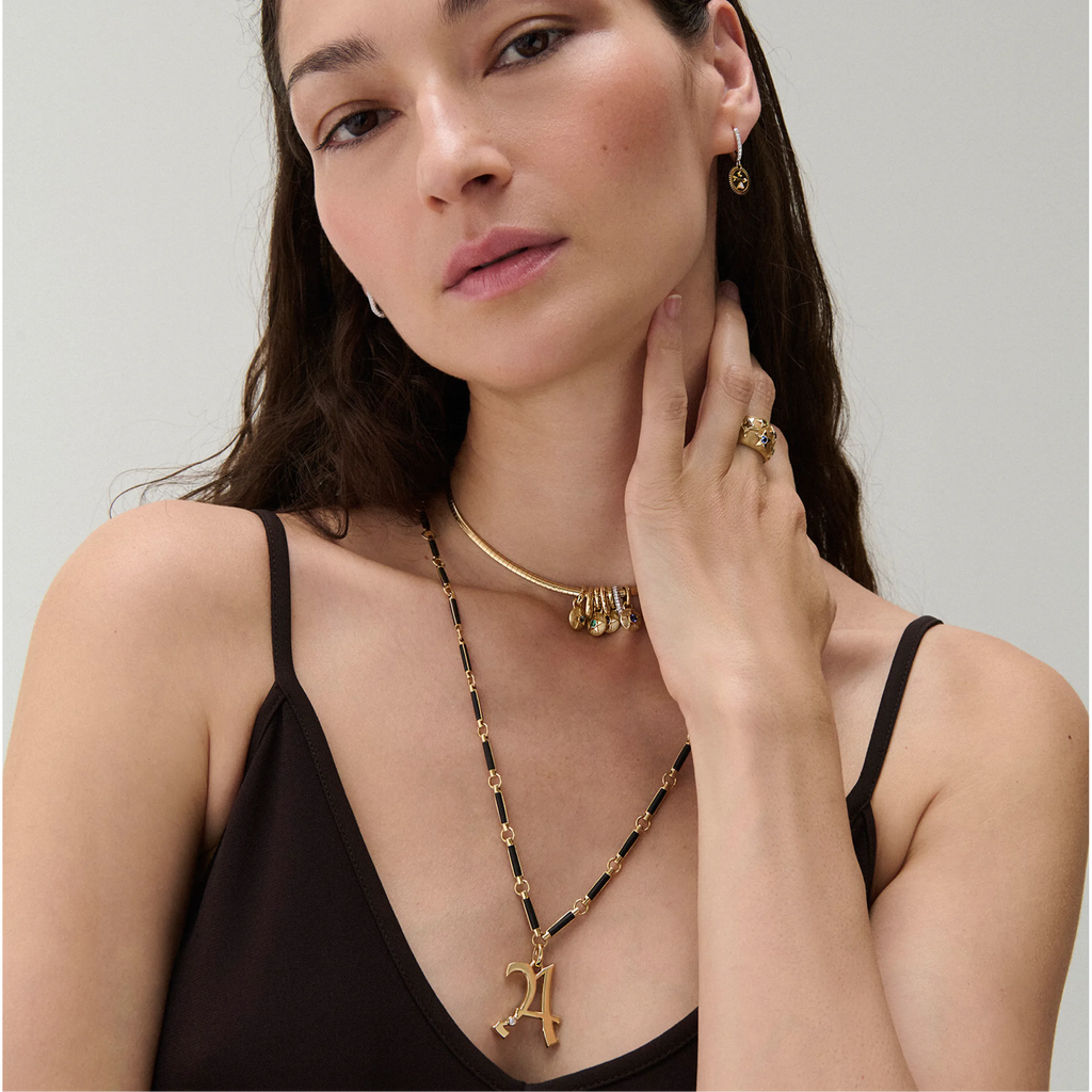 Personalized - Foundation | Engravable Initial Element Necklace | Onyx, Diamond, Yellow Gold view 2