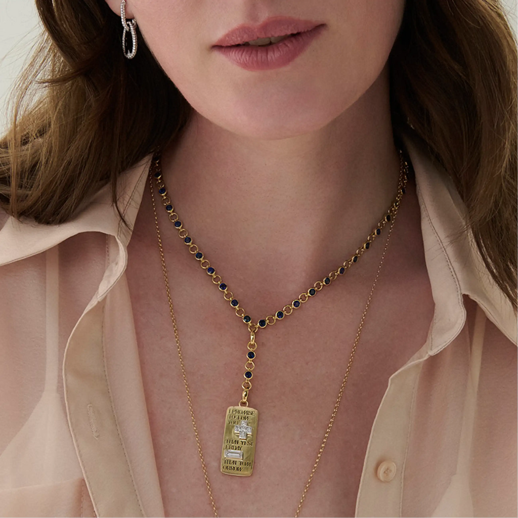 18K Yellow Gold True Love | Promise Ingot Rivière Link Extension Necklace| Blue Sapphire, Diamonds, 18K Yellow Gold – FoundRae view 2