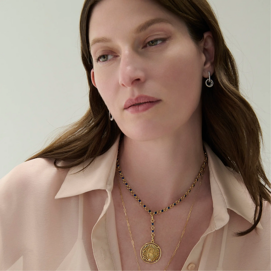 18K Yellow Gold Infinite Gratitude | Karma Rivière Link Extension Necklace| Blue Sapphire, Diamond, 18K Yellow Gold – FoundRae view 2