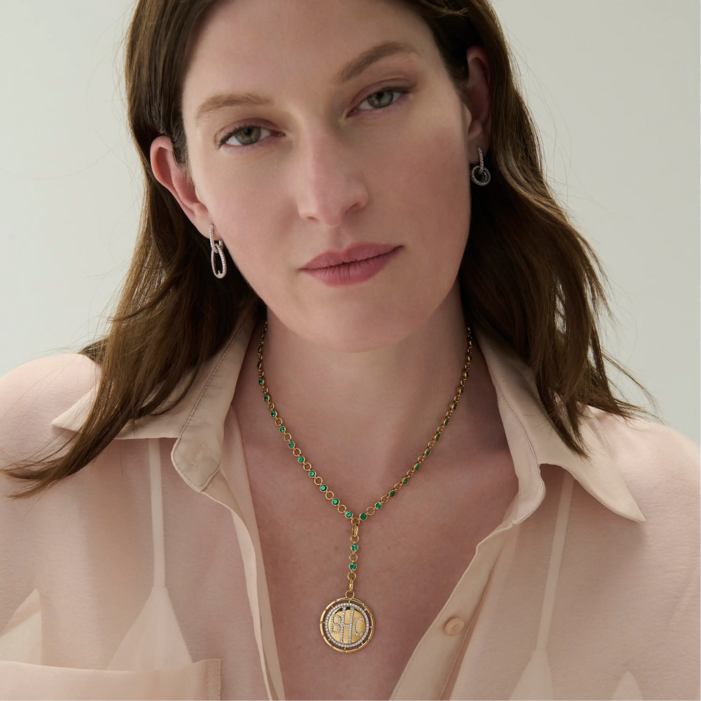 18K Yellow Gold Personalized – True Love| Custom Lovestruck Pierced Rivière Link Extension Necklace | Emerald, Diamonds, 18K Yellow Gold – FoundRae view 2
