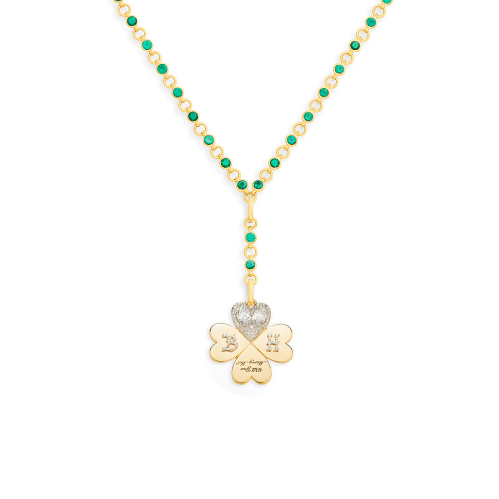 18K Yellow Gold Personalized – True Love | Custom 'Will You Marry Me' Four Heart Clover Rivière Link Extension Necklace | Emerald, Diamonds, 18K Yellow Gold – FoundRae view 1