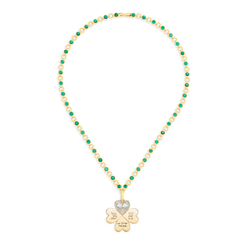 18K Yellow Gold Personalized – True Love | Custom 'Will You Marry Me' Four Heart Clover Rivière Link Extension Necklace | Emerald, Diamonds, 18K Yellow Gold – FoundRae view 2