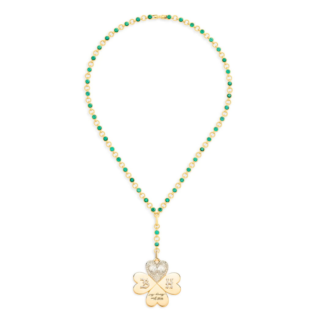 18K Yellow Gold Personalized – True Love | Custom 'Will You Marry Me' Four Heart Clover Rivière Link Extension Necklace | Emerald, Diamonds, 18K Yellow Gold – FoundRae view 3