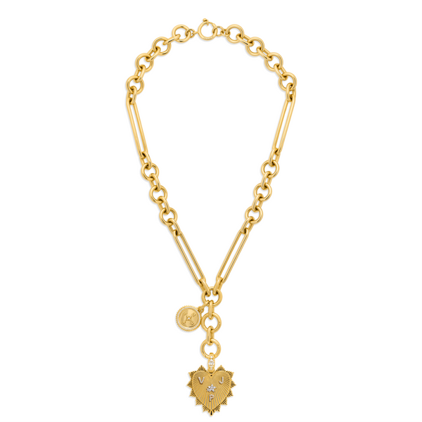 Personalized - True Love | Custom Heart Love Token and Internal Compass Oversized Mixed Clip Necklace | Diamonds, 18K Yellow Gold