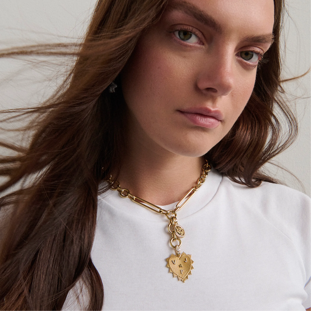 Personalized - True Love | Custom Heart Love Token and Internal Compass Oversized Mixed Clip Necklace | Diamonds, Yellow Gold view 2