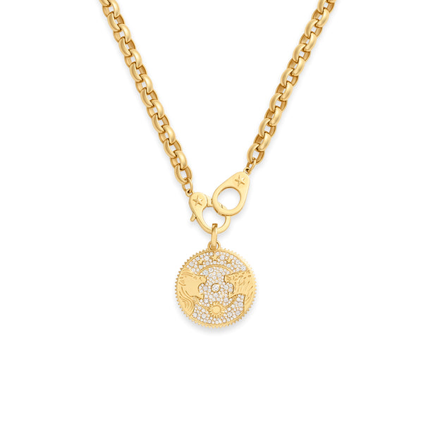 Strength | Pavé Solar & Lunar Oversized Belcher Necklace with Sister Hooks | Diamonds, 18K Yellow Gold