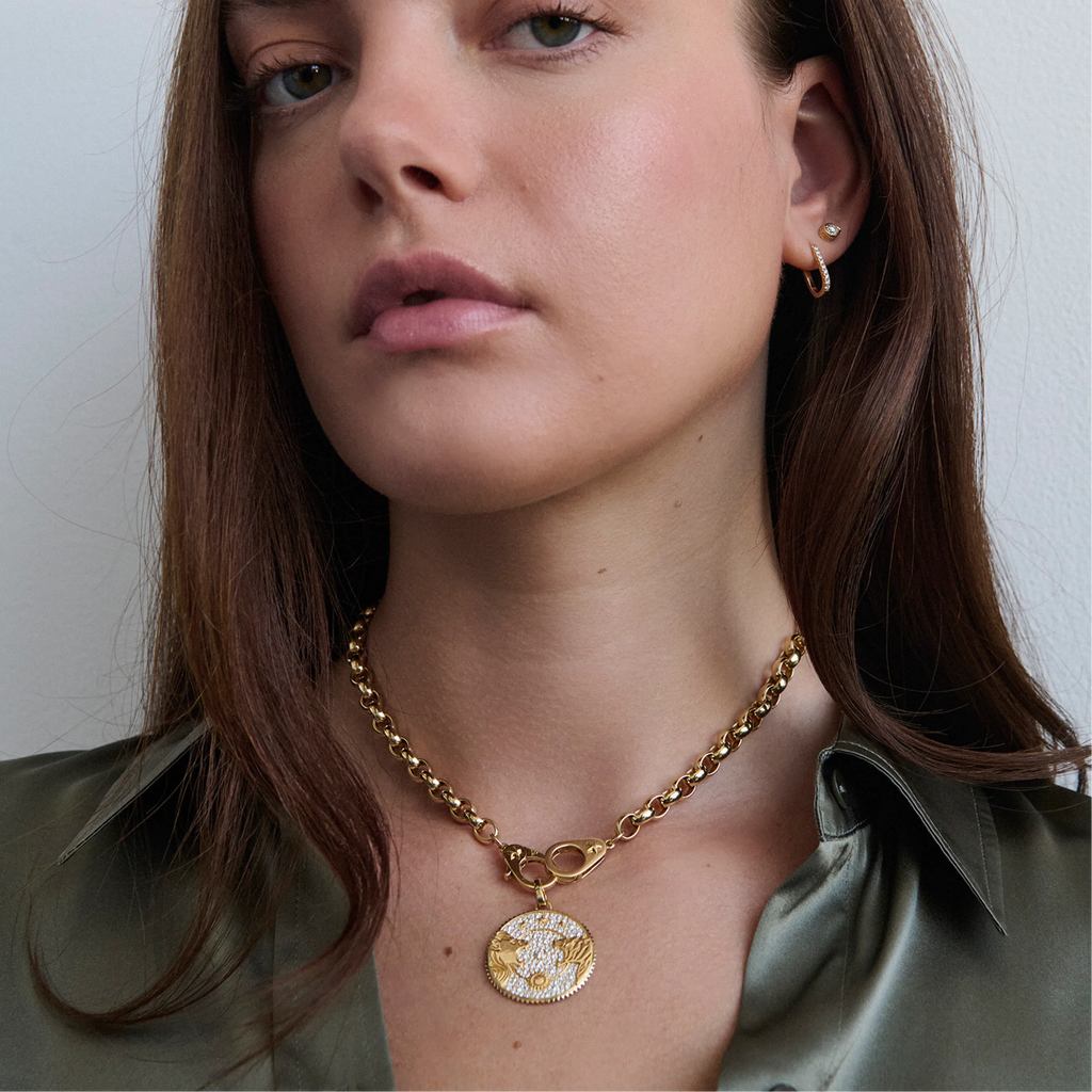 Strength | Pavé Solar & Lunar Oversized Belcher Necklace with Sister Hooks | Diamonds, Yellow Gold view 2