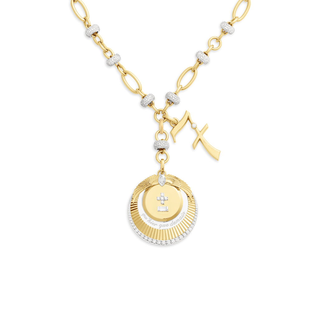 Personalized - Vivacity | Ever Growing Love and Engravable Number Pavé Orbit Extension Necklace | Diamonds, Yellow Gold view 1