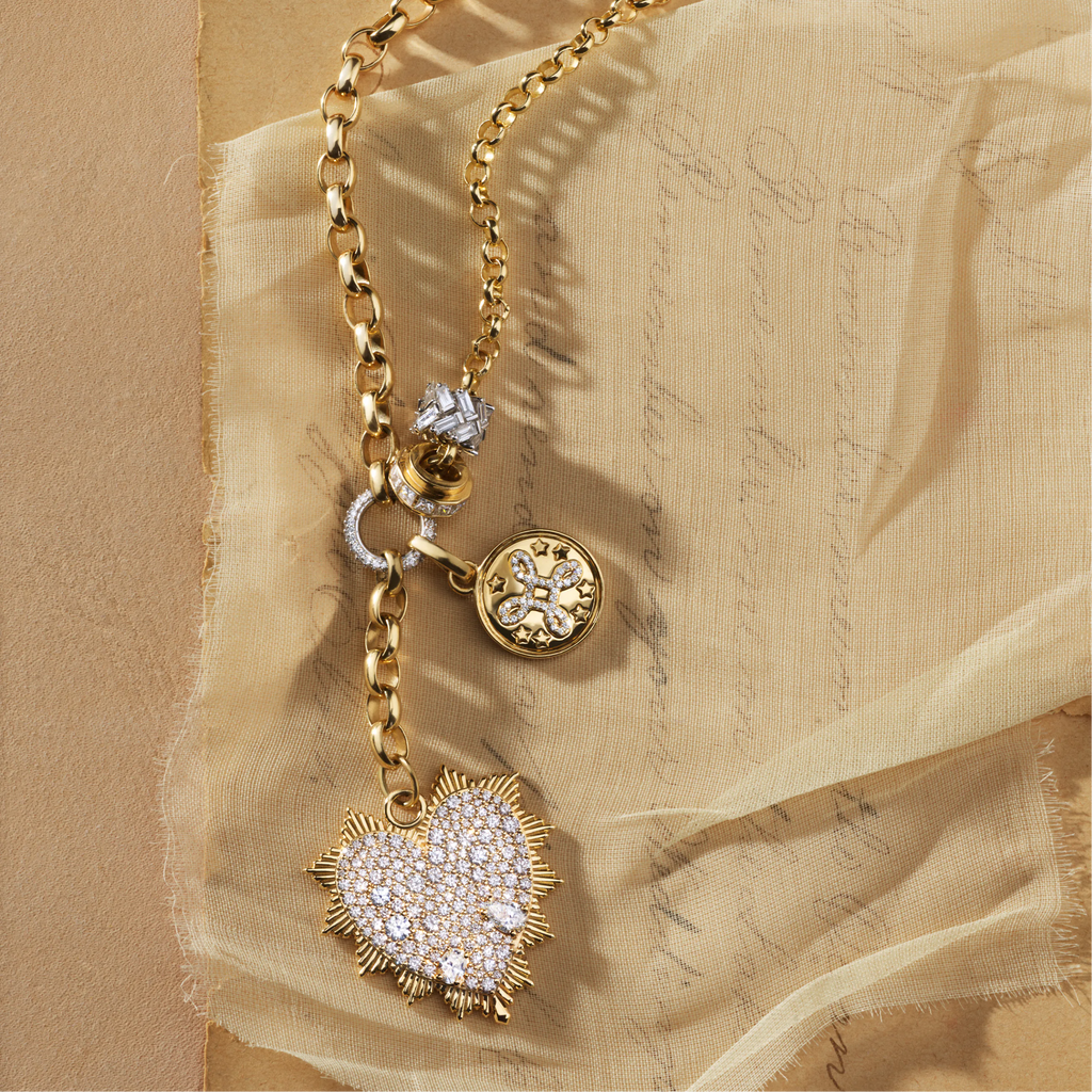 True Love | Snow Pavé Heart Love Token and 'Love Knot' Heavy Mixed Belcher Extension Necklace | Diamonds, Mixed Gold view 2