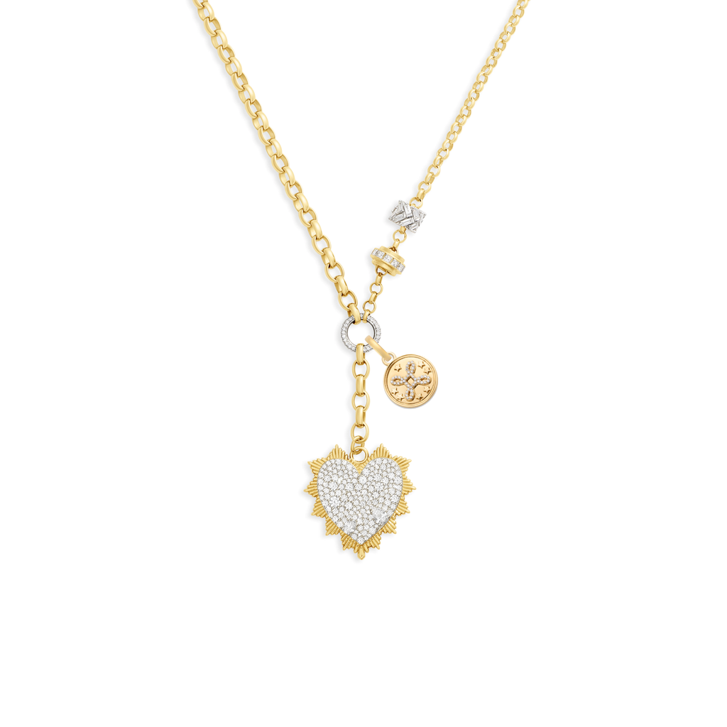 True Love | Snow Pavé Heart Love Token and 'Love Knot' Heavy Mixed Belcher Extension Necklace | Diamonds, 18K Mixed Gold view 1