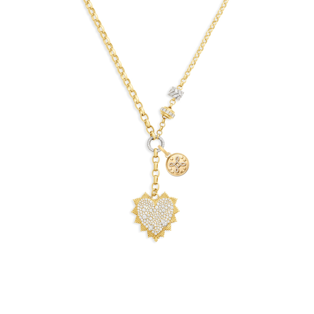 True Love | Snow Pavé Heart Love Token and 'Love Knot' Heavy Mixed Belcher Extension Necklace | Diamonds, Mixed Gold view 1