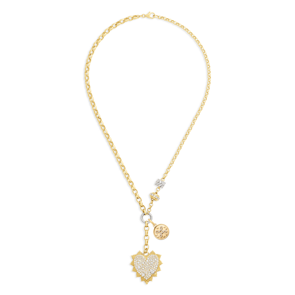 18K Mixed Gold True Love | Snow Pavé Heart Love Token and 'Love Knot' Heavy Mixed Belcher Extension Necklace | Diamonds, Mixed Gold – FoundRae view 3