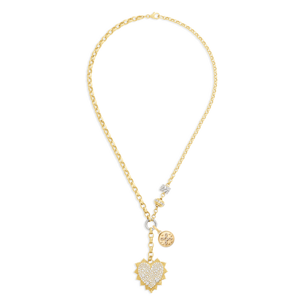 True Love | Snow Pavé Heart Love Token and 'Love Knot' Heavy Mixed Belcher Extension Necklace | Diamonds, 18K Mixed Gold