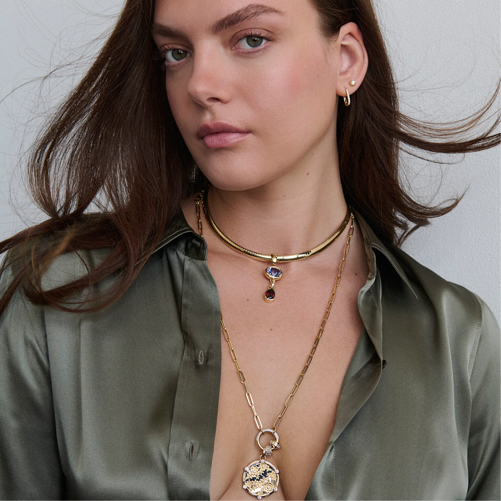 18K Yellow Gold One of a Kind - True Love | Tanzanite Gemstone Cache Link and Forever & Always a Pair Medium Sleek Collar Necklace | Tanzanite, Garnet, Yellow Gold – FoundRae view 2