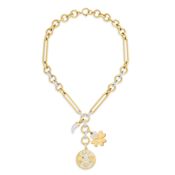 Personalized - Strength | Pavé Solar & Lunar and Engravable Four Heart Clover Oversized Mixed Clip Necklace | Diamonds, 18K Mixed Gold