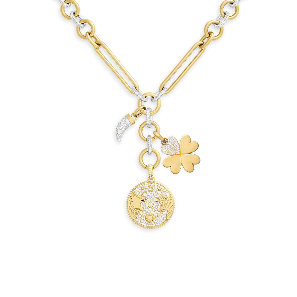 Personalized - Strength | Pavé Solar & Lunar and Engravable Four Heart Clover Oversized Mixed Clip Necklace | Diamonds, Mixed Gold view 1