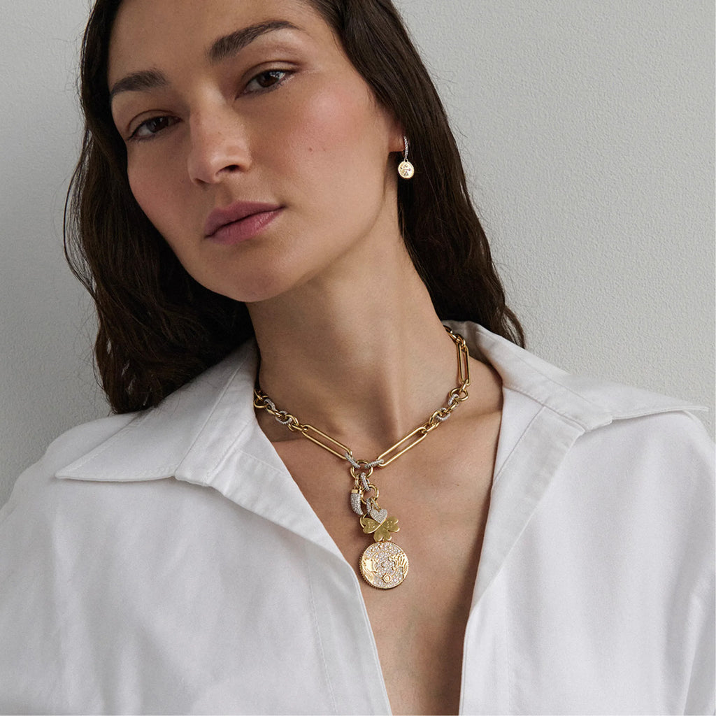 Personalized - Strength | Pavé Solar & Lunar and Engravable Four Heart Clover Oversized Mixed Clip Necklace | Diamonds, Mixed Gold view 2