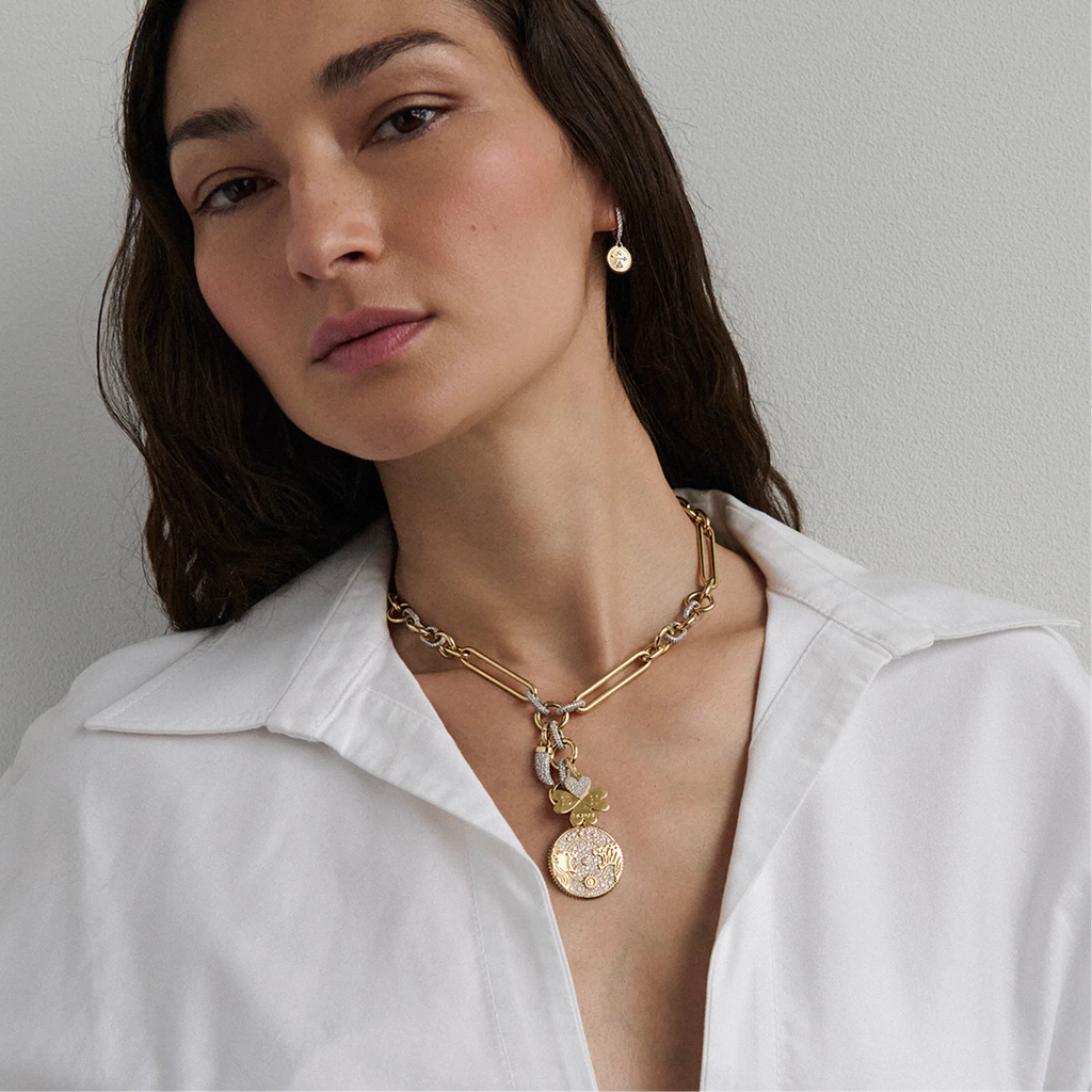 Personalized - Strength | Pavé Solar & Lunar and Engravable Four Heart Clover Oversized Mixed Clip Necklace | Diamonds, Mixed Gold view 2