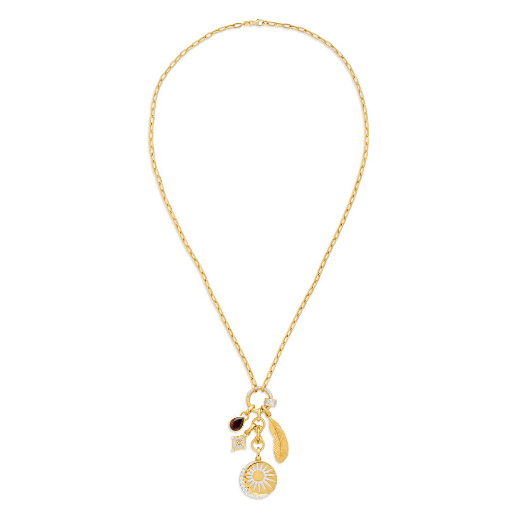 18K Yellow Gold Wholeness - Vivacity | Balance and Feather Small Clip Open Chain | Diamonds, Garnet, Yellow Gold – FoundRae view 3