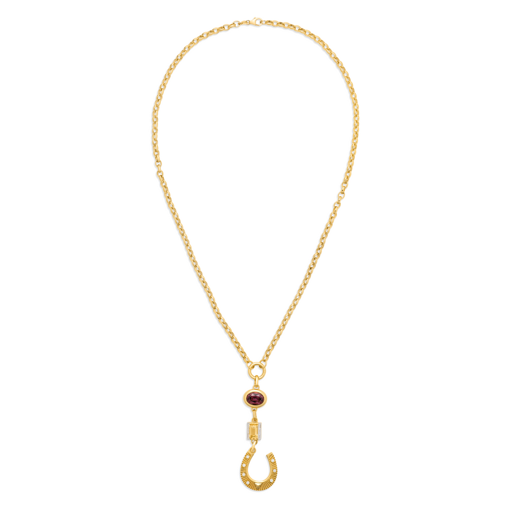 18K Yellow Gold One of a Kind - Protection | Garnet Gemstone Cache Link and Horseshoe Heavy Belcher Open Chain | Diamonds, Garnet, Yellow Citrine, Yellow Gold – FoundRae view 3
