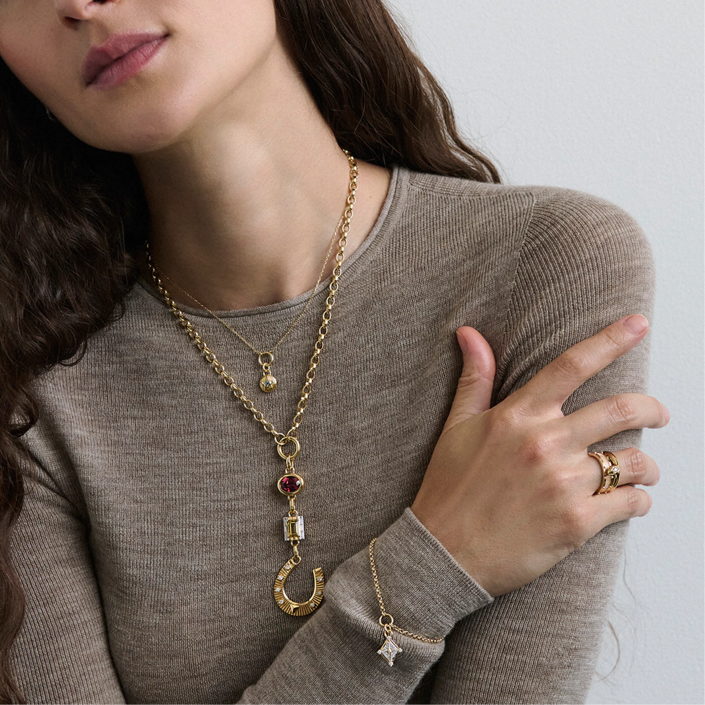 One of a Kind - Protection | Garnet Gemstone Cache Link and Horseshoe Heavy Belcher Open Chain | Diamonds, Garnet, Yellow Citrine, Yellow Gold view 2